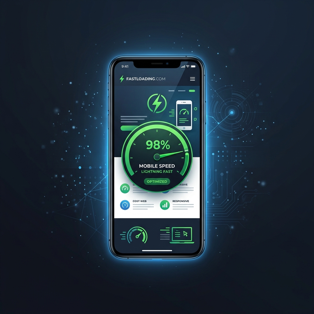 Smartphone displaying a lightning-fast mobile website with speed metrics overlay on dark background