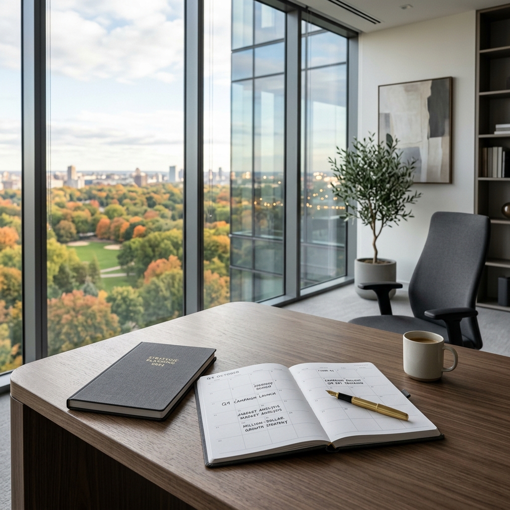 Modern office workspace with panoramic view of seasonal Central New York landscape showing transition between winter and spring